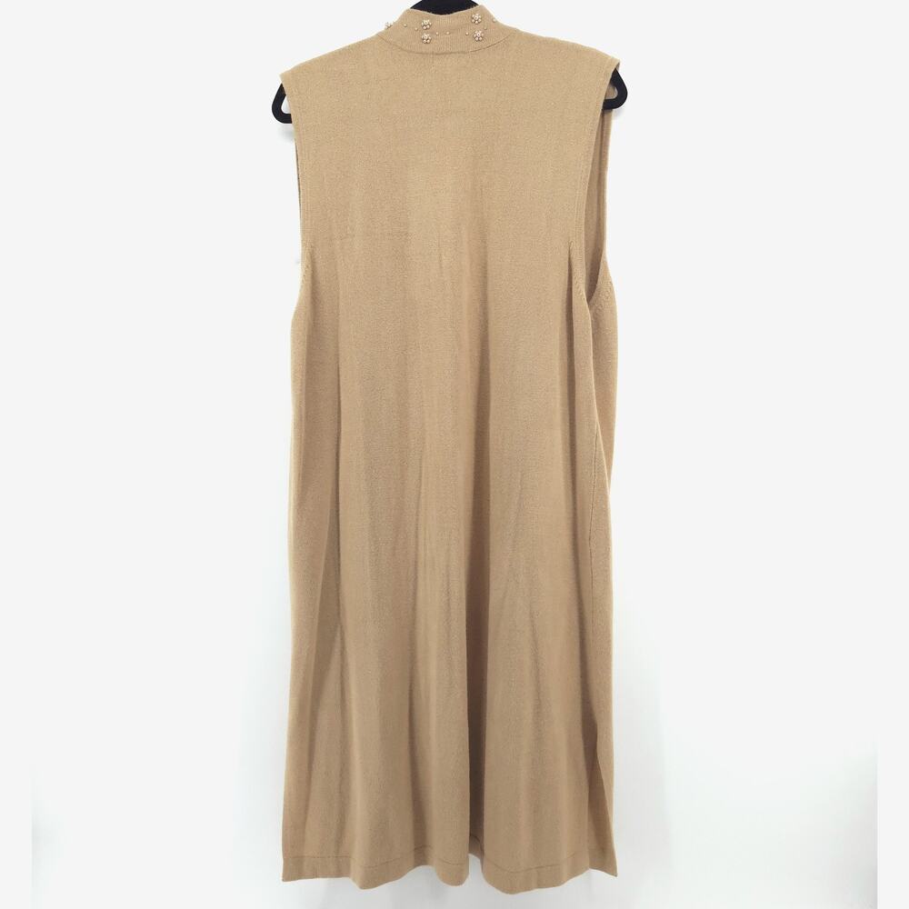 Vintage CXT 70s BohoTan Beaded Neckline OpenFront Duster Sleeveless Split Hem XL - Picture 8 of 11